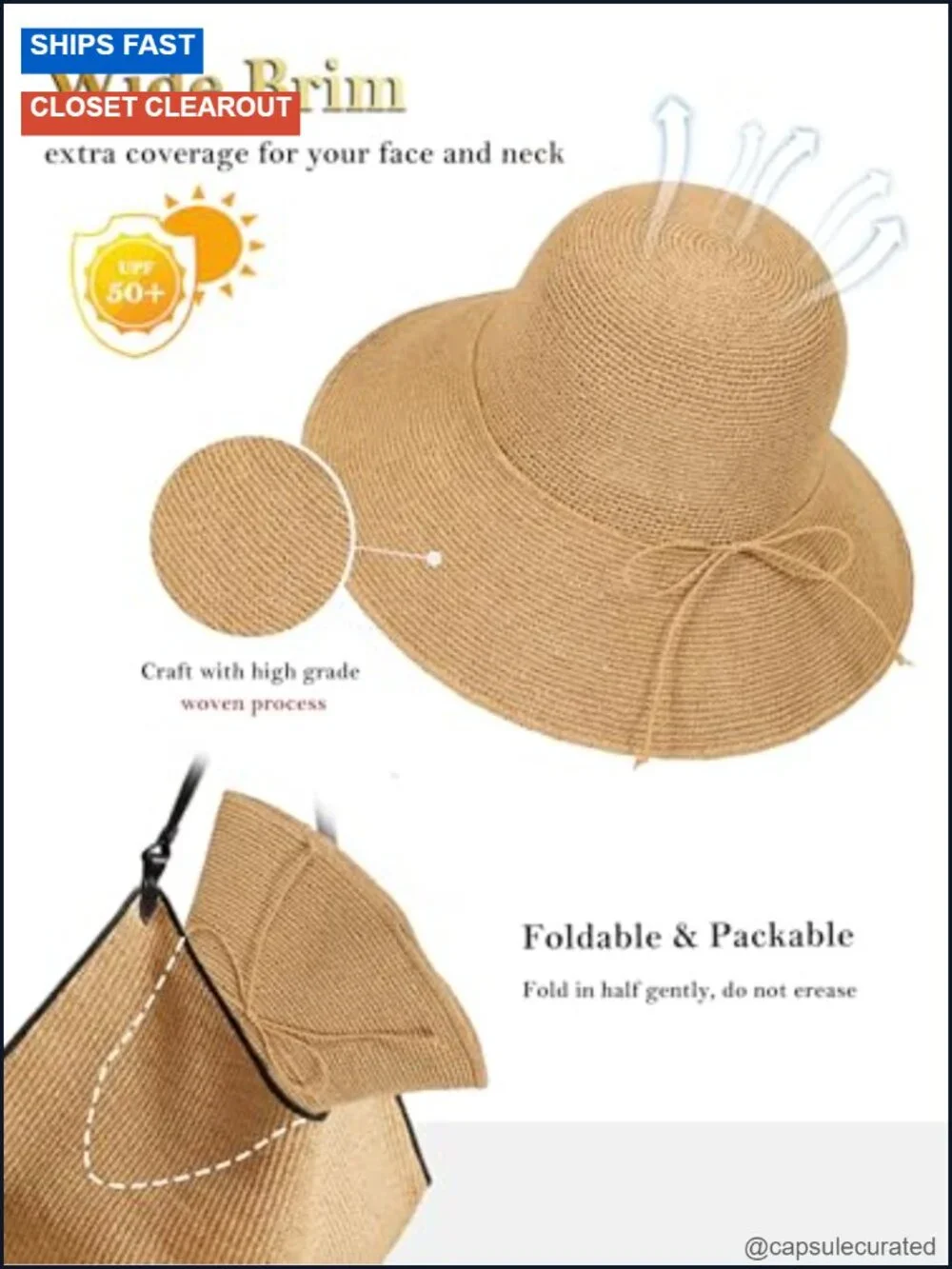 Straw Bucket Hat Wide Brim UPF 50+ Packable Women's Sun Hat